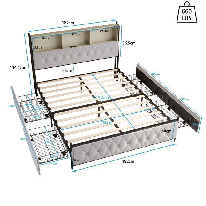 Cama de 180x200 cm con cajones, cama doble con almacenamiento, 4 cajones, iluminación LED, carga USB, estructura de cama con somier de láminas, terciopelo, beige.