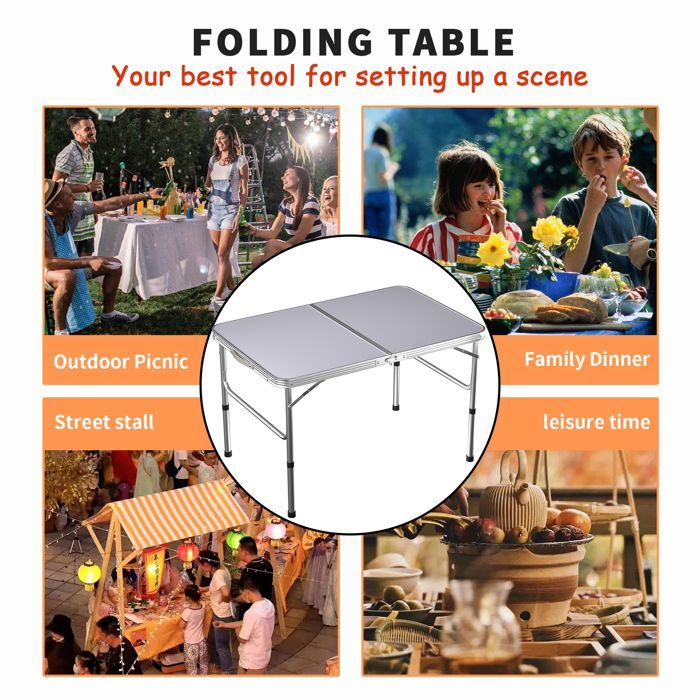 Portable folding aluminum camping table, 90cm wide, rectangular picnic table for kitchen and catering