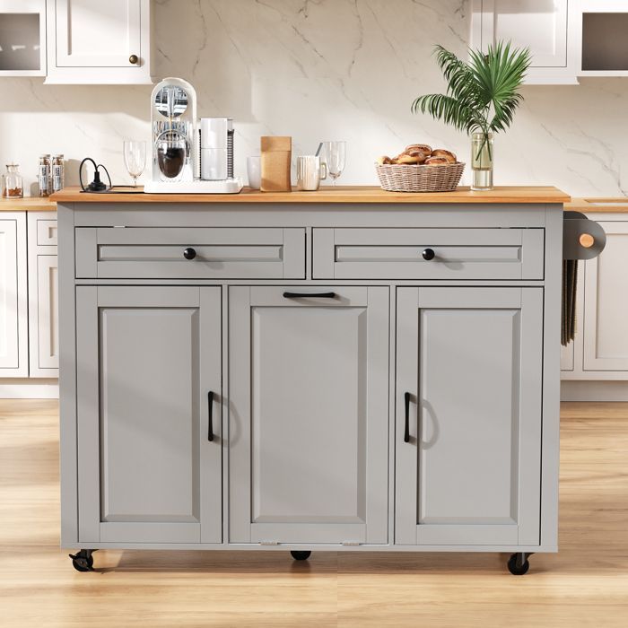 Isla de cocina móvil sobre ruedas: zona de comedor extensible, encimera, compartimento para cubos de basura (gris)