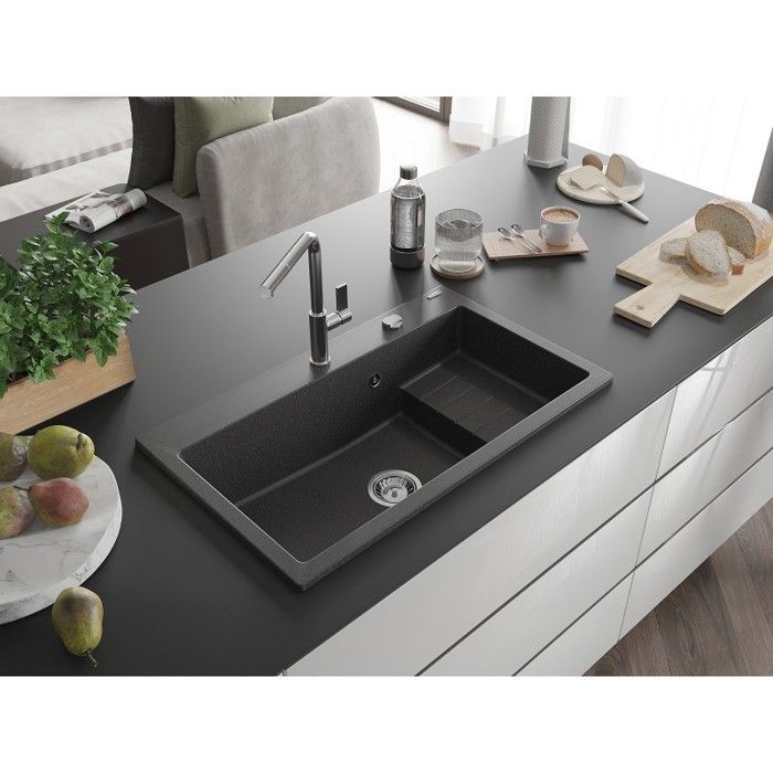 Mexen Omar Granitspüle, 1 Becken, 800 x 480 mm, gesprenkelt schwarz, Chrom-Siphon - 6520801005-76