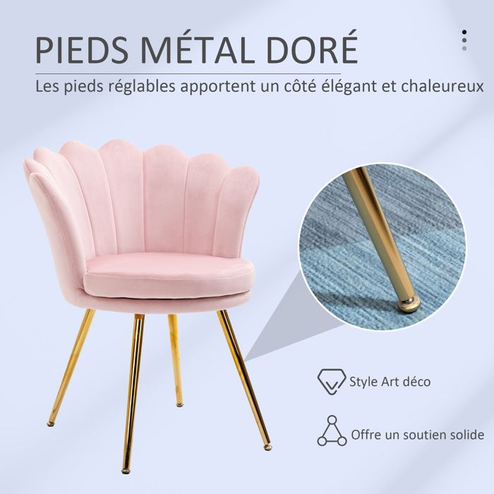Fauteuil coquillage - HOMCOM - chaise coiffeuse velours pieds métal doré salon chambre - velours - rose poudré