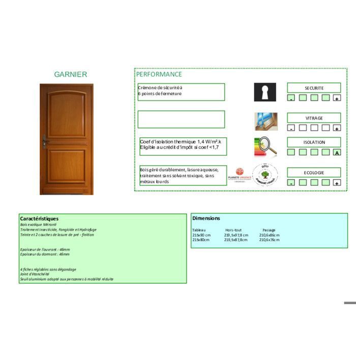 Puerta de entrada Garnier de madera maciza, 215 cm de alto x 90 cm de ancho, lado derecho.