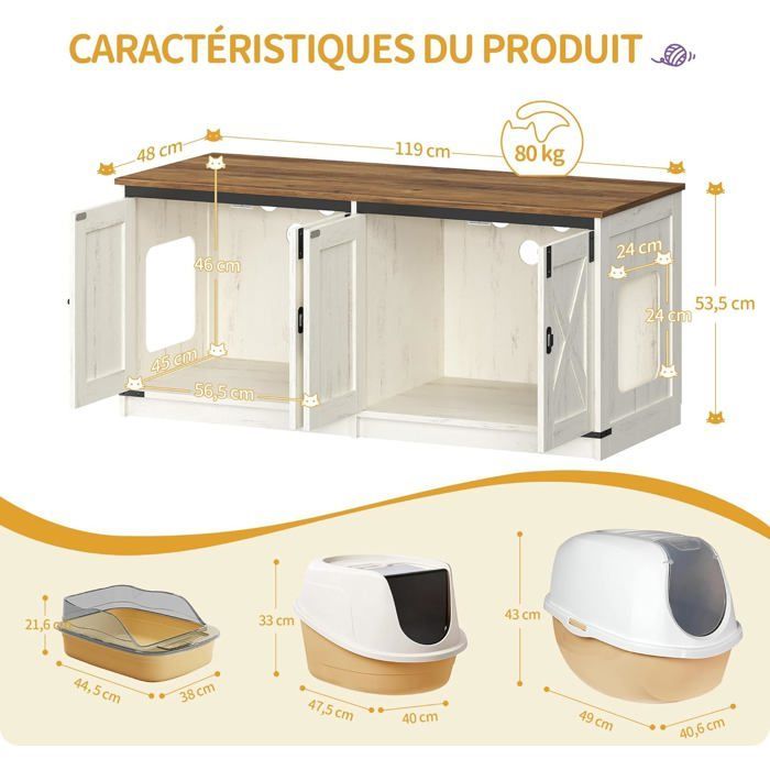 Casita para arenero de gatos, para 2 gatos, armario oculto para arenero, casita para gatos de interior, color marrón rústico y blanco.