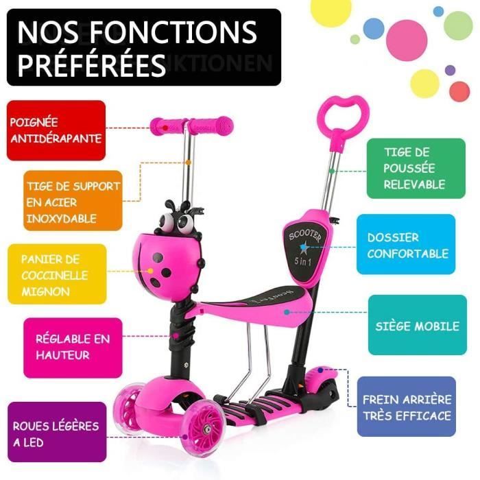 5-in-1 Scooter with Removable Child Seat - Pink - Adjustable Height - 3 LED Light-Up Wheels