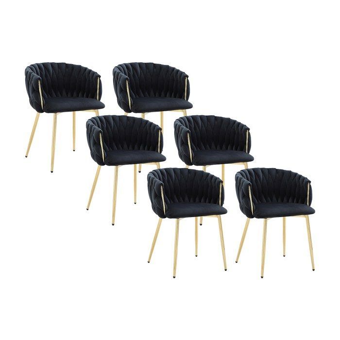 Conjunto de 6 cadeiras com braços em veludo e metal dourado - Preto - ELEGANO