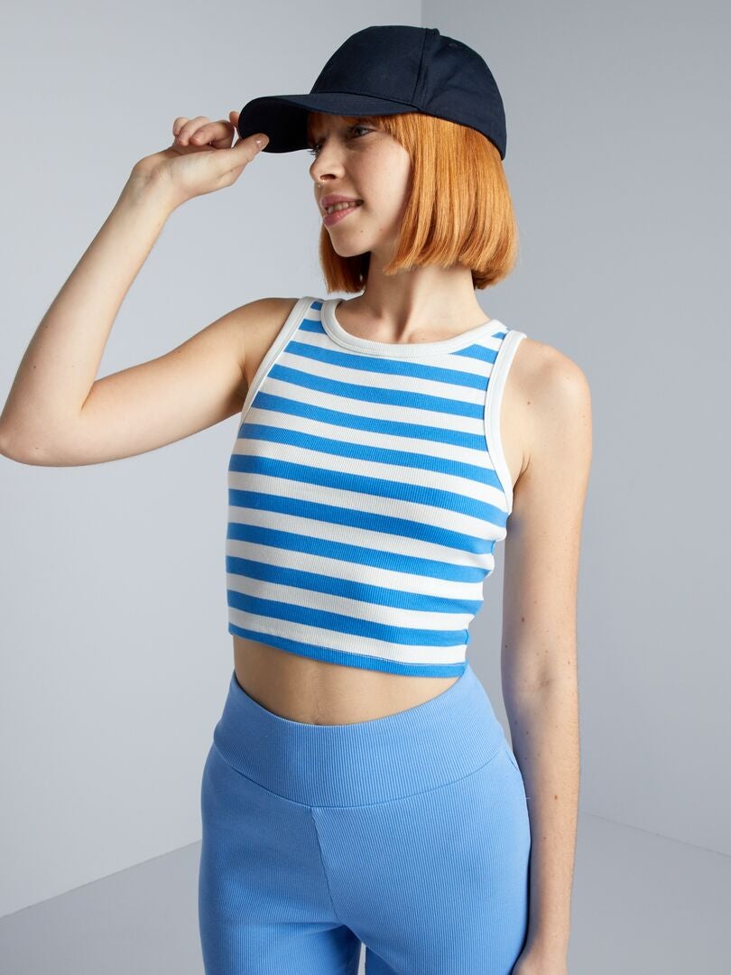 Geribbelde tanktop met strepen - BLAUW