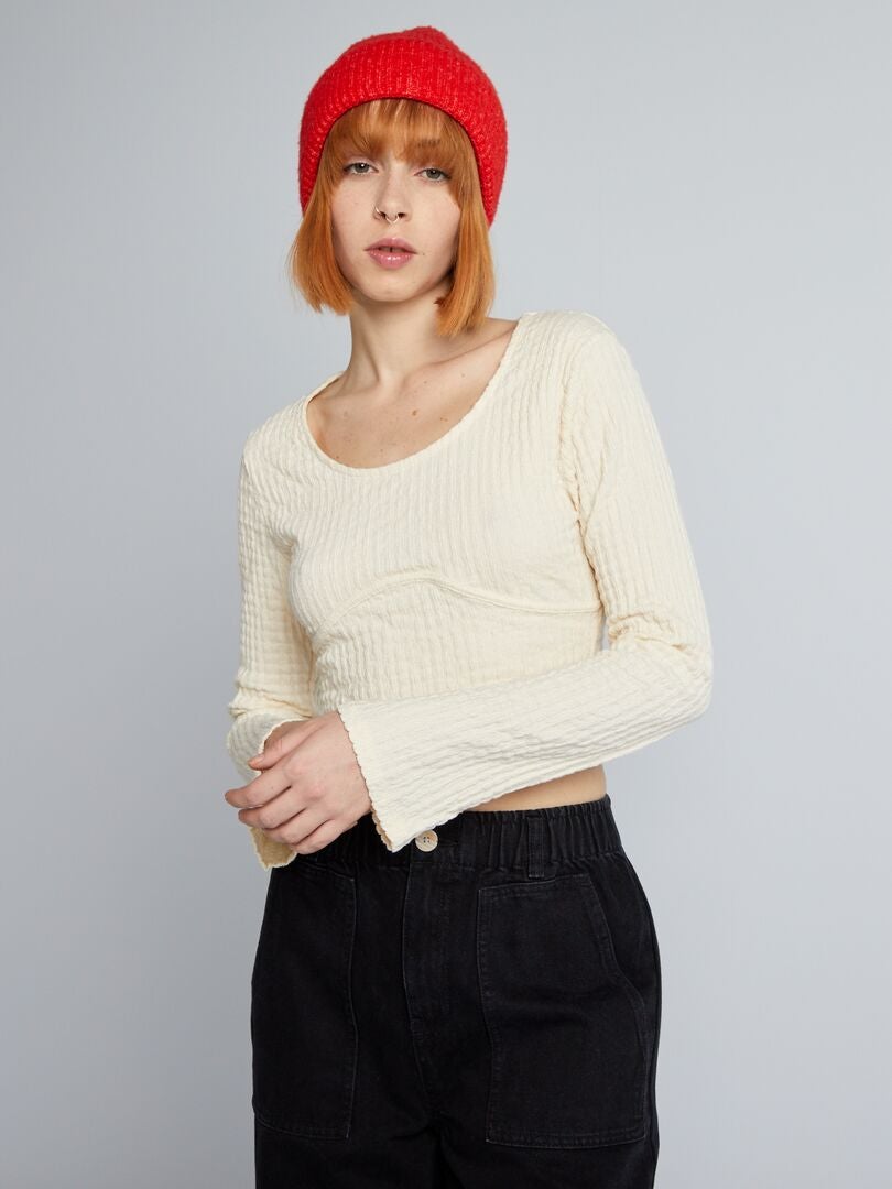 Gebreid T-shirt met textuur - BEIGE