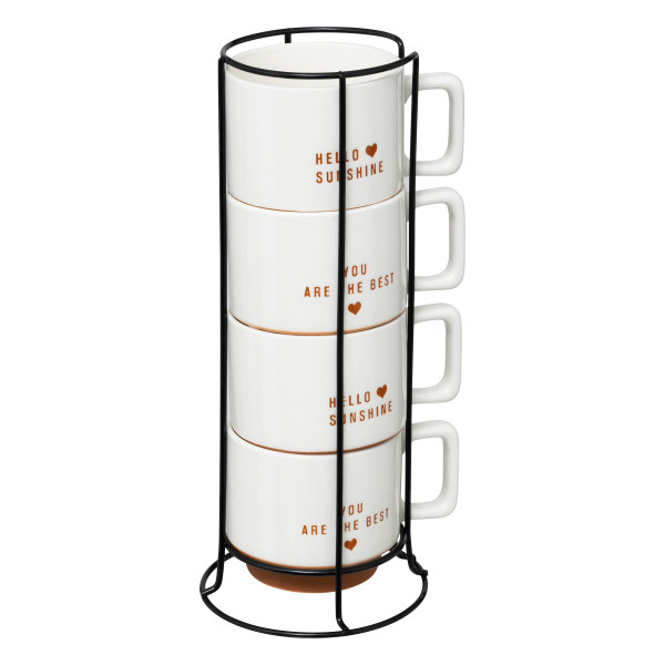 Zestaw 4 porcelanowych kubków HELLO na metalowym stojaku, 4 x 300 ml