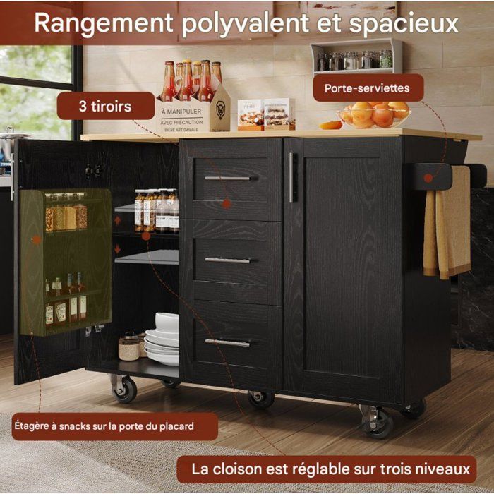 Kitchen trolley - LANGTU - Mobile island with folding sides - 135x46x86.6 cm - 5 lockable casters - 3 drawers