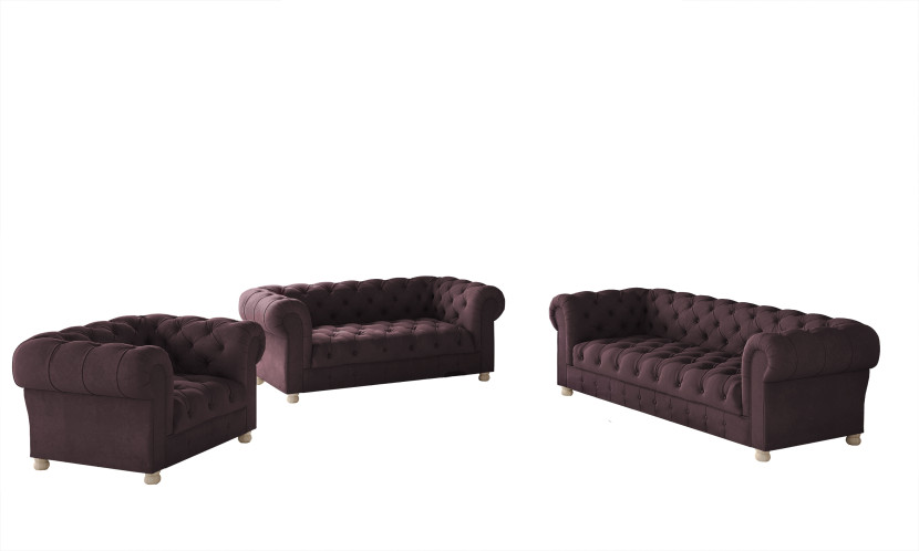 Pikowany komplet wypoczynkowy 3 2 1 CHESTERFIELD tkanina Whisper, Bordowy