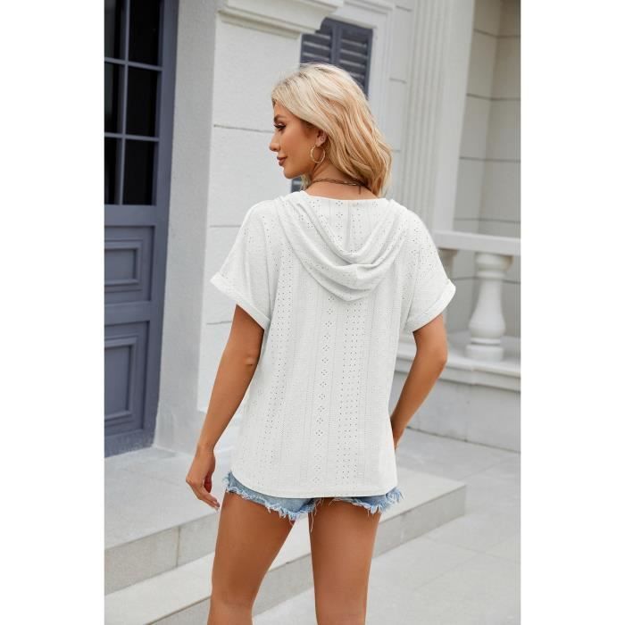 T-shirt da donna - INSFITY - Con cappuccio, maniche corte, scollo a V - Bianca