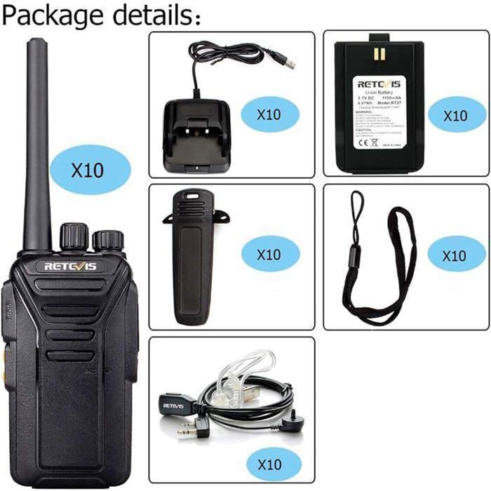 Walkie Talkie profesional Retevis RT27, largo alcance PMR446, sin licencia, 16 canales, para servicios de seguridad, venta al por mayor, 10 unidades.