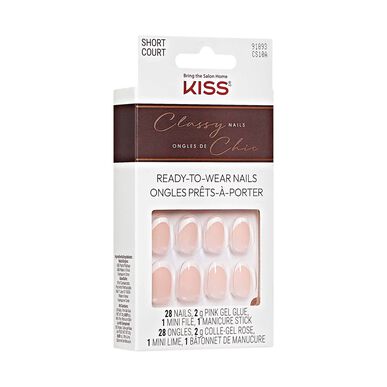 Kiss Classy Nails -valmiit tekokynnet liimalla, lyhyt koko, 28 kpl.