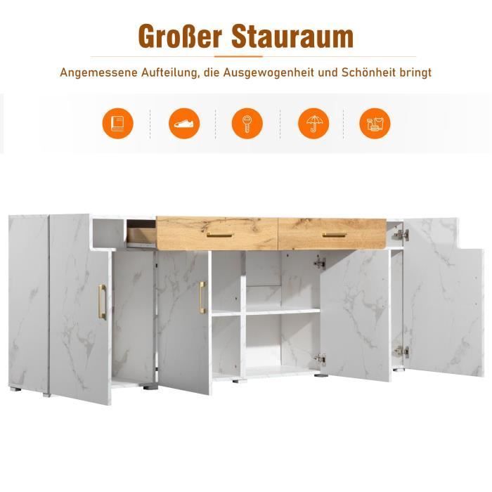 Aparador moderno branco - Aparador grande com 4 portas e 2 gavetas - Móvel de arrumação - 208 x 39,5 x 80 cm