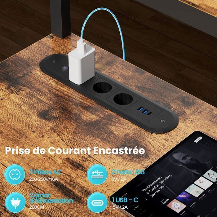 HLONONE, 150 x 100 cm L-formet hjørnespillbord med LED-belysning, integrert strømuttak og USB-port, skuff og oppbevaringspose, brun