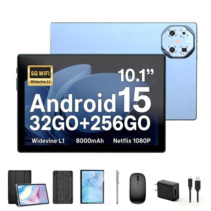 Tablet táctil TAKINURU de 32 GB + 256 GB, 10,1 pulgadas, Android 15, procesador de ocho núcleos, Wi-Fi 5G, puerto USB tipo C, batería de 8000 mAh, color azul.
