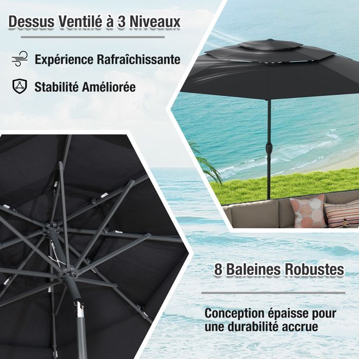 Parasol de Terrasse Ventilé à 3 Niveaux de 300 cm - COSTWAY - Inclinaison à Bouton-Poussoir - Manivelle - 8 Baleines Robustes - Noir