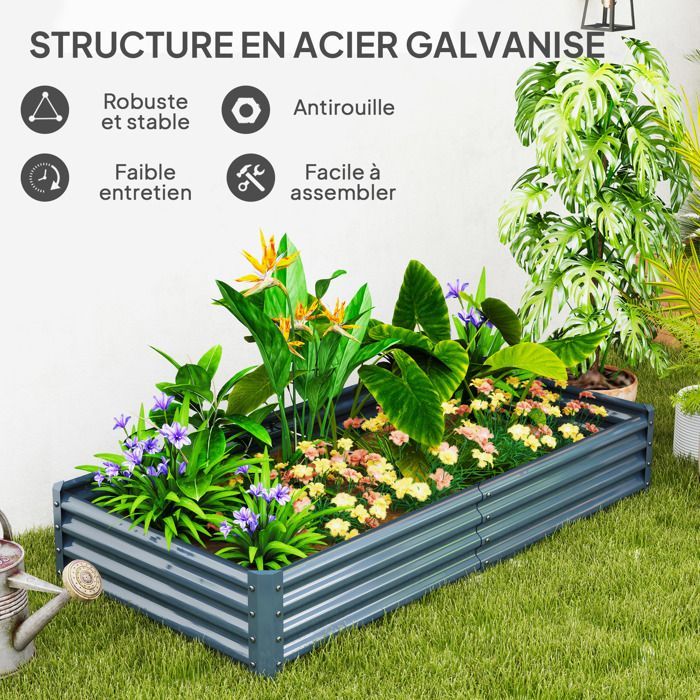 Huerto elevado Outsunny - fondo abierto - con borde anticorte, barras de soporte - acero galvanizado 180 x 90 x 30 cm - gris plata
