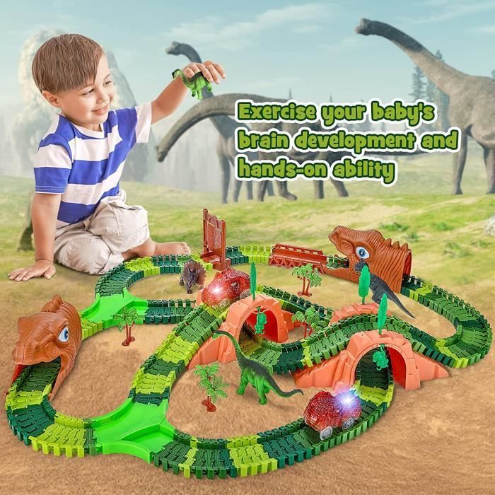 Dinosaure Jouet Circuit de Voiture Enfant, 265 Pièces Dinosaure Jouet avec 2 Jouets Voiture Lumineux, Piste Flexible Circuit Voiture