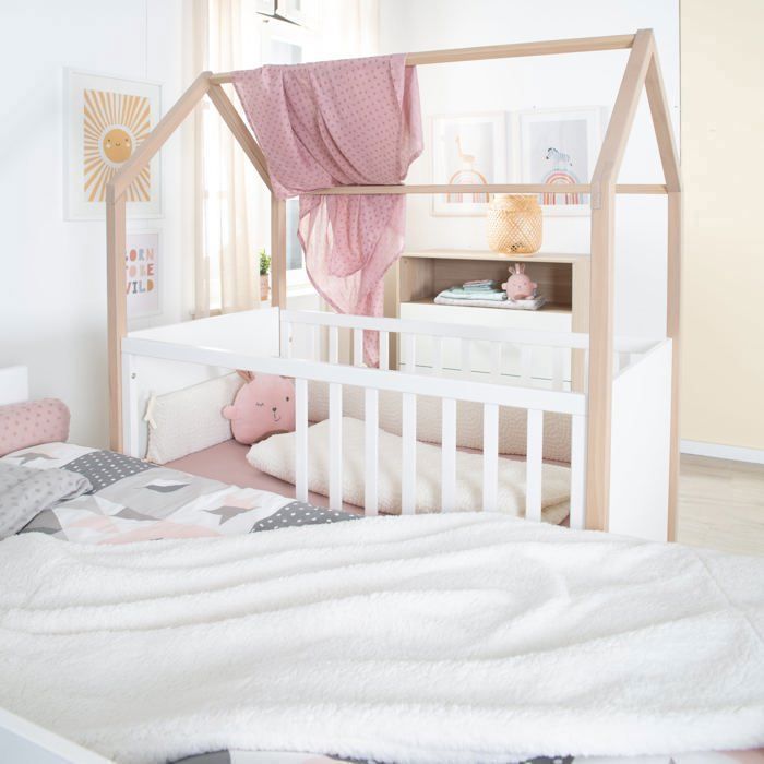 Lit bébé et cododo 2-en-1 - 60 x 120 cm - ROBA - CABANE - Chêne / Blanc