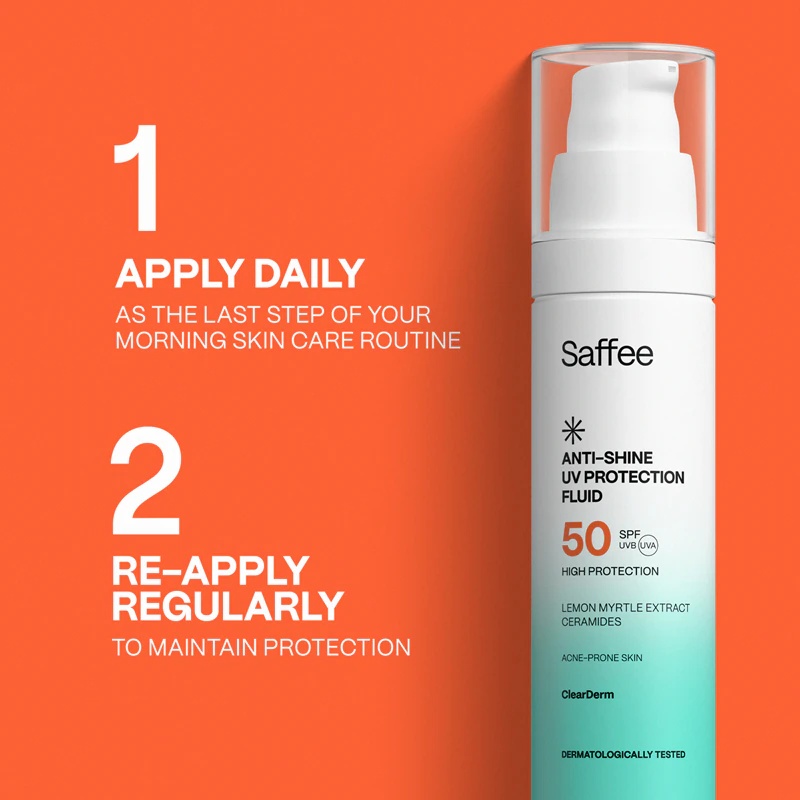 Saffee ClearDerm pretspīduma UV aizsargfluīds ar SPF 50 taukainai, uz akni tendētai ādai