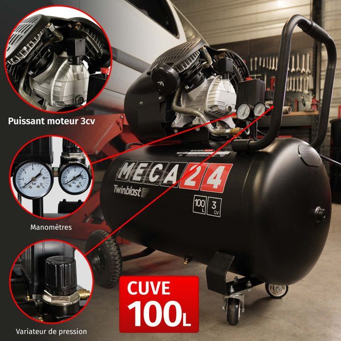 Compresor bicilíndrico de 3 HP - Depósito de 100 L - Compresor de aire - 2200 W - Presión de 8 bar - Caudal de succión de 320 L/min