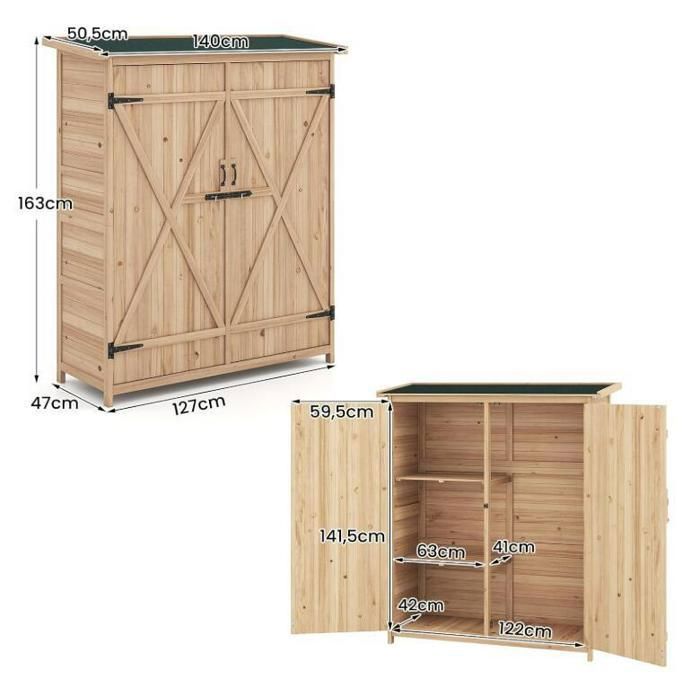 Abri de Jardin en Bois Massif - RELAX4LIFE - Toit Asphalte Incliné - 140X50,5X163CM - Etagère Amovible - Double Porte Verrouillable