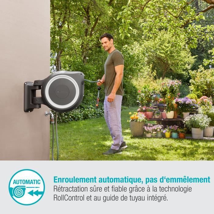 GARDENA RollUp® M/L wall-mounted automatic hose reel with white trim – Length 25m – Ø13mm – Complete kit – 5-year warranty (18622-20)