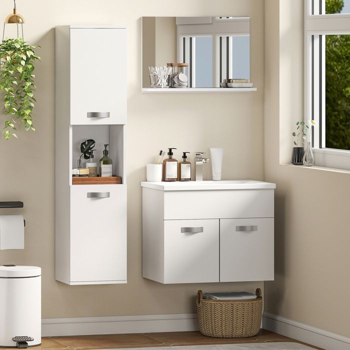 Ensemble de Meubles de Salle de Bain - kleankin - 4 Pièces - Mural - Miroir, Meuble sous Vasque, Lavabo et Armoire Haute - Blanc