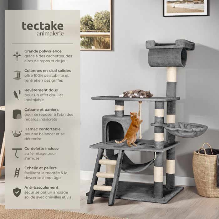 Arbre à chat - TECTAKE - Mobilier pour chat STOKELEY 141 cm de hauteur avec zones de couchage et cordelette - Gris