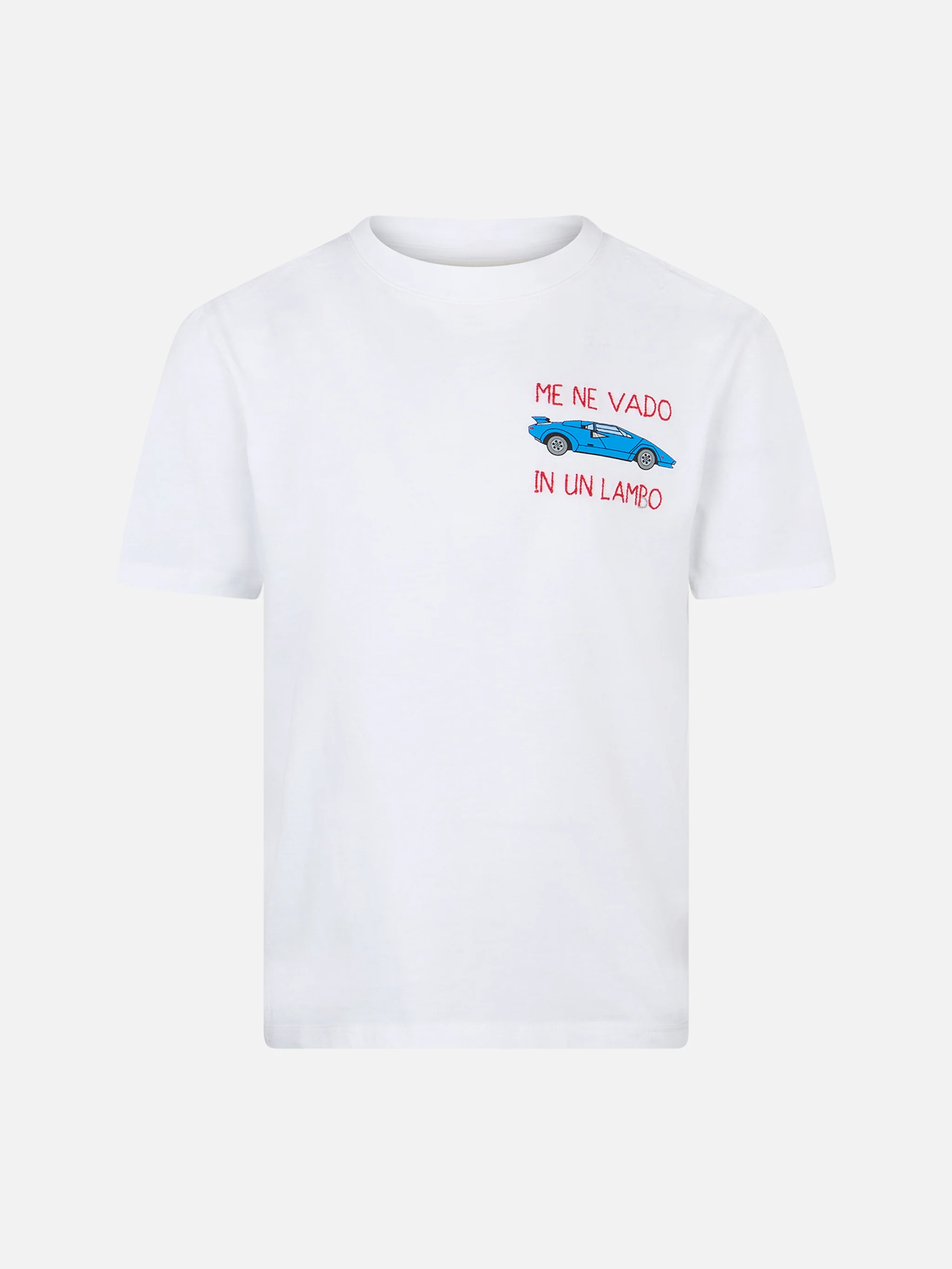 T-shirt in cotone con ricamo Me ne vado In un lambo