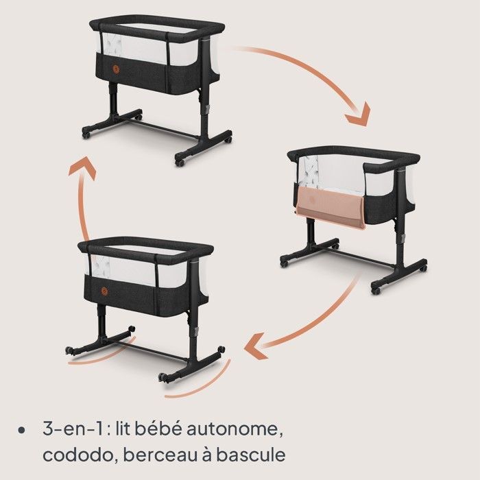 Lit bébé cododo LIONELO Aurora 3en1 - Réglage de la Hauteur et de l’Inclinaison - Jusqu'à 9 kg - Gris foncé