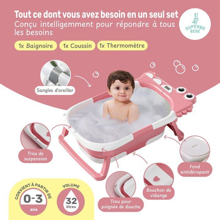 Banheira dobrável para bebês - Termômetro e almofada inclusos - Dinossauro - Rosa | SUPERB BABY