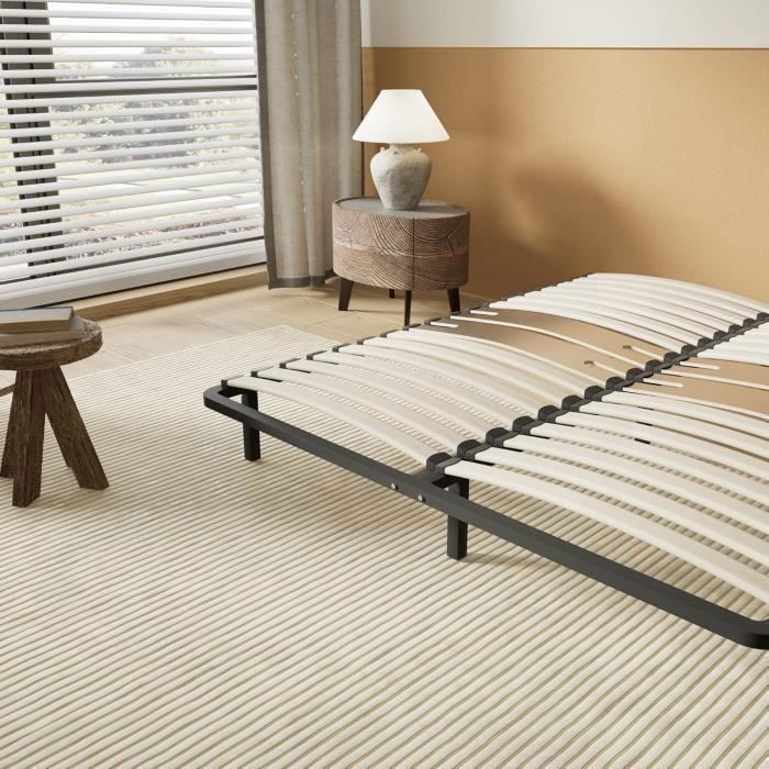 Base de cama metálica con listones de madera flexibles (120x190), 2 listones de soporte lumbar doble, 7 patas, cama estable, robusta y duradera.