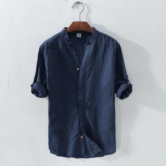 Camisa de lino para hombre con cuello mandarín y mangas cortas ajustadas - FUNMOON - Azul marino