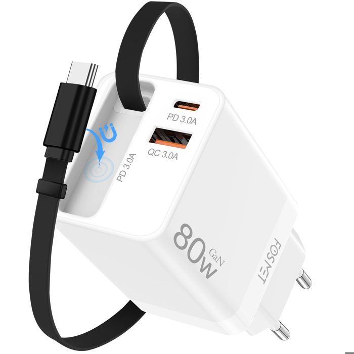 FOSMET 80W Fast Charger, Multi-Socket Replacement, Super Fast Charging, with Retractable Cable, for iPhone/Samsung/Huawei/Galaxy