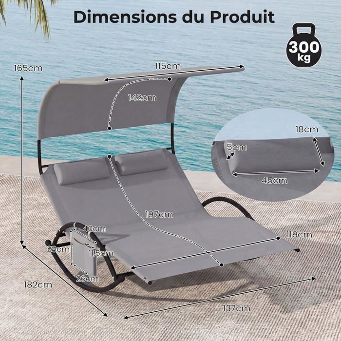 COSTWAY Chaise à Bascule de Jardin 2 Places, 2 Appui-Têtes Amovibles, Chaise Longue 2 Personnes, Lit de Repos Ergonomique, Gris