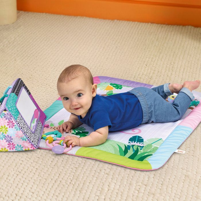 BRIGHTS STARTS Petit tapis d'éveil bébé pliable rose, arche de jeux, 5 jouets bébé, miroir, cartes, boulier et anneau de dentition
