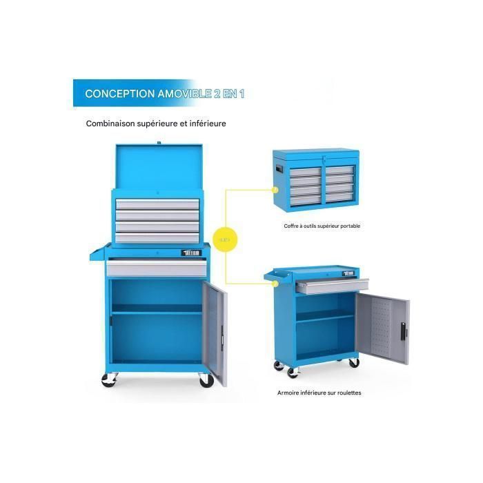 Carrello da officina 2 in 1 - ALIGHTUP - Cassetti e vani portaoggetti multistrato, con serratura e maniglia - Blu