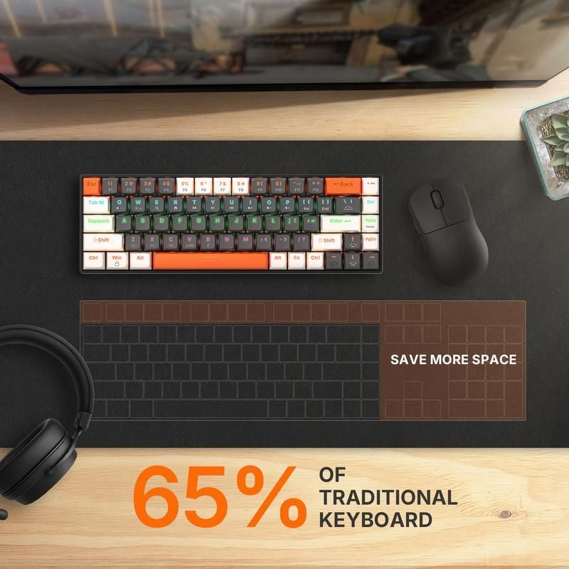 65% kabellose mechanische Gaming-Tastatur, eleBite®, Anti-Ghosting, RGB-Beleuchtung, Multimedia-Tasten, PC/Mac/PS4-kompatibel, QWERTY-Layout, 1800 mAh