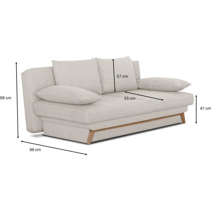 Sofá cama convertible - 3 plazas - NAOTO - Tela beige - Compartimento de almacenamiento - 202 x 98 x 98 cm