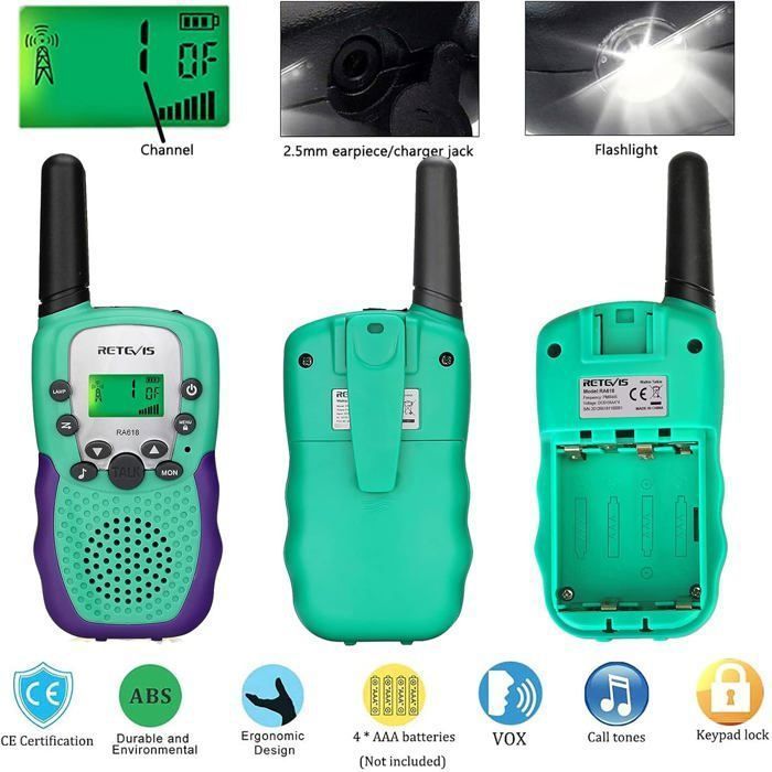 Retevis RA618 Talkie Walkie Enfants, Cadeaux Jouets pour 3-12 Ans, 8 Canaux VOX Lampe de Poche, Cadeaux de Pâques pour
