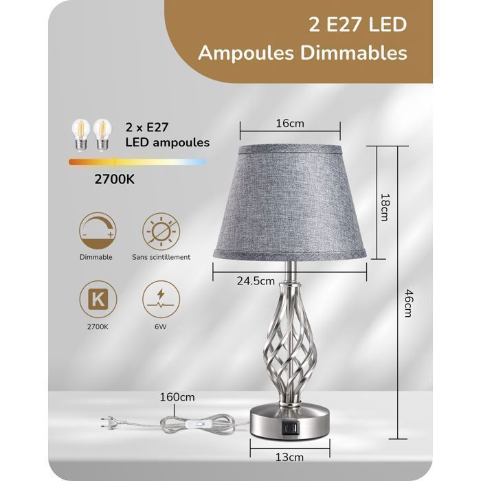 EDISHINE Lampe à Poser Tactile Lot de 2, USB A+C, Ampoule E27 LED Dimmable Fournie, Abat-jour Gris
