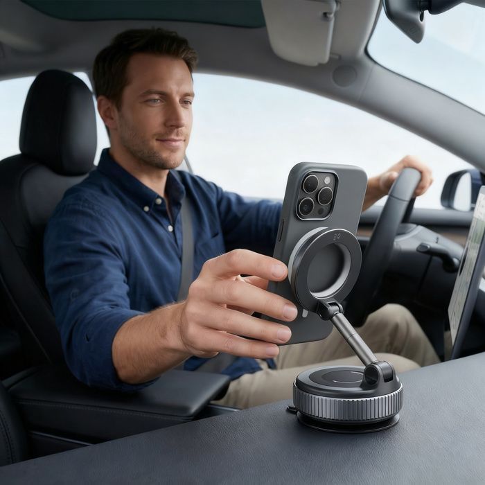 Supporto magnetico per telefono da auto K007 - Lega - Ventosa - Pieghevole - Compatibile con MagSafe - Supporto universale per auto - Nero