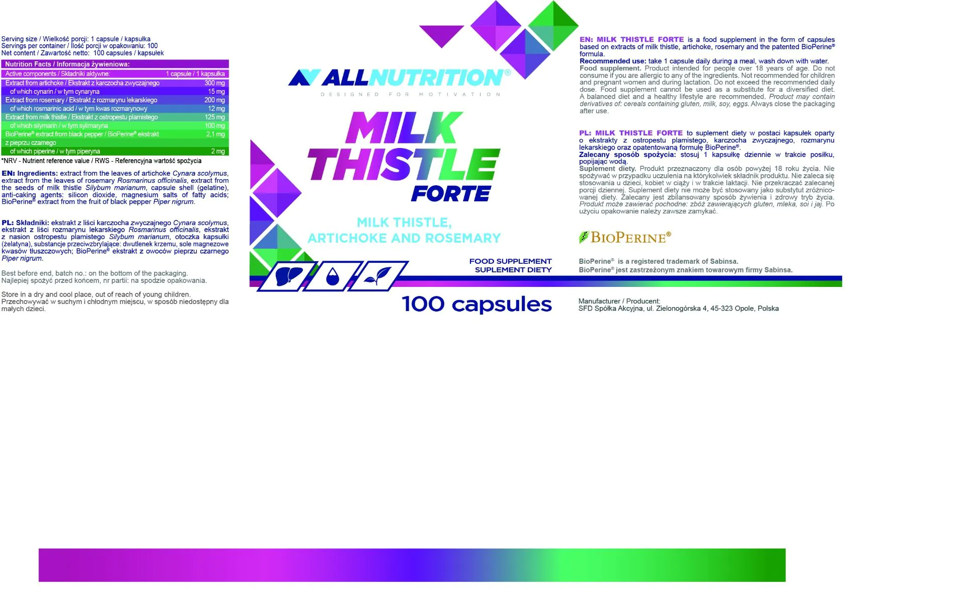 Allnutrition Milk Thistle Forte, Suplement diety wspierający trawienie, Kapsułki