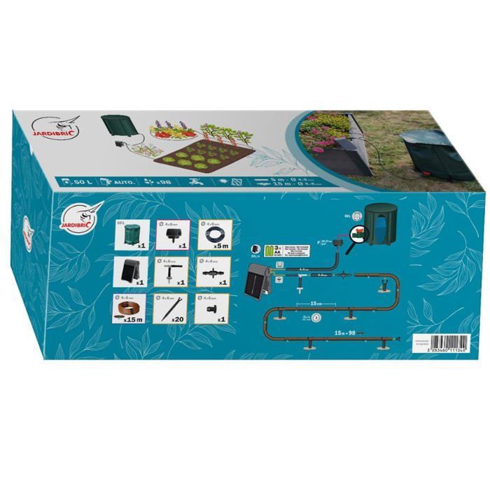 Kit de riego por goteo solar - Bomba programable - Depósito de agua de 50 L - Microtubo de 5 m Ø 6 mm
