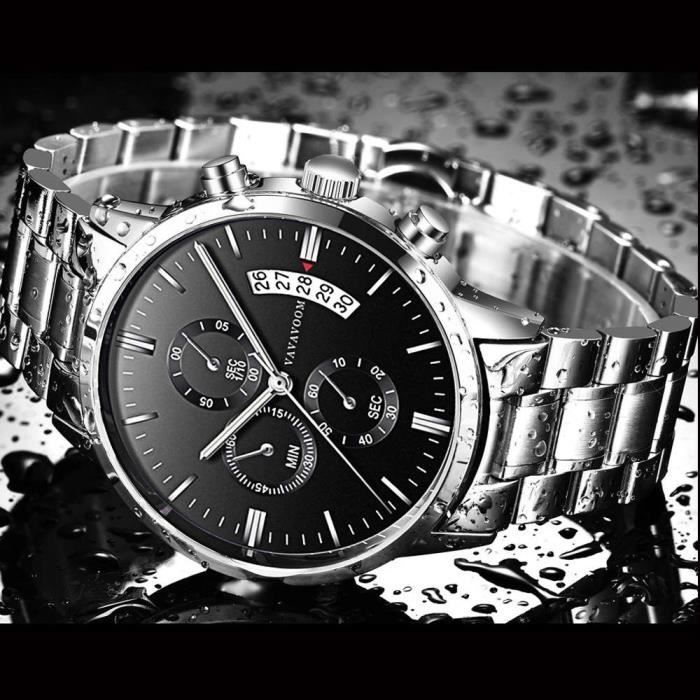 Montre à Quartz pour Homme - Etanche - Bracelet Acier Inoxydable - Cadran Noir, Bracelet Argenté, Aiguilles Argentées