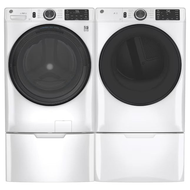 Secadora elétrica inteligente empilhável GE de 7,8 pés cúbicos (branca) com certificação ENERGY STAR.