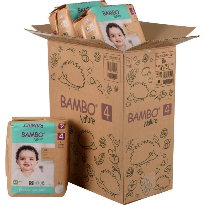 Bambo Nature Eco-designed Diapers, Size 4, 7-14 kg, Carton of 144 units (6 bags of 24 units), Kraft paper packaging