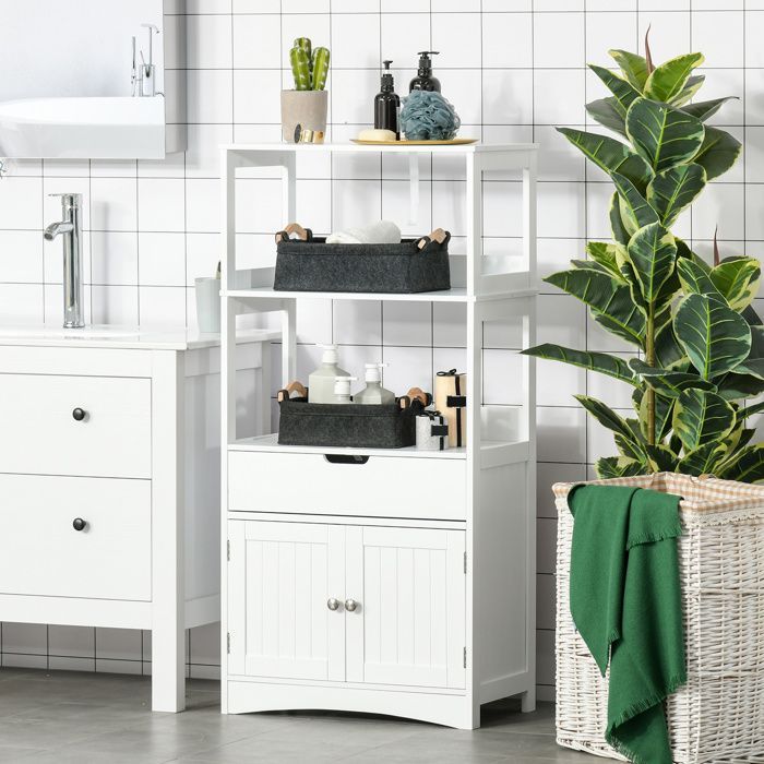 Bathroom storage unit - Kleankin - 2 doors, drawer, 3 shelves - MDF - 60x33x122cm - white